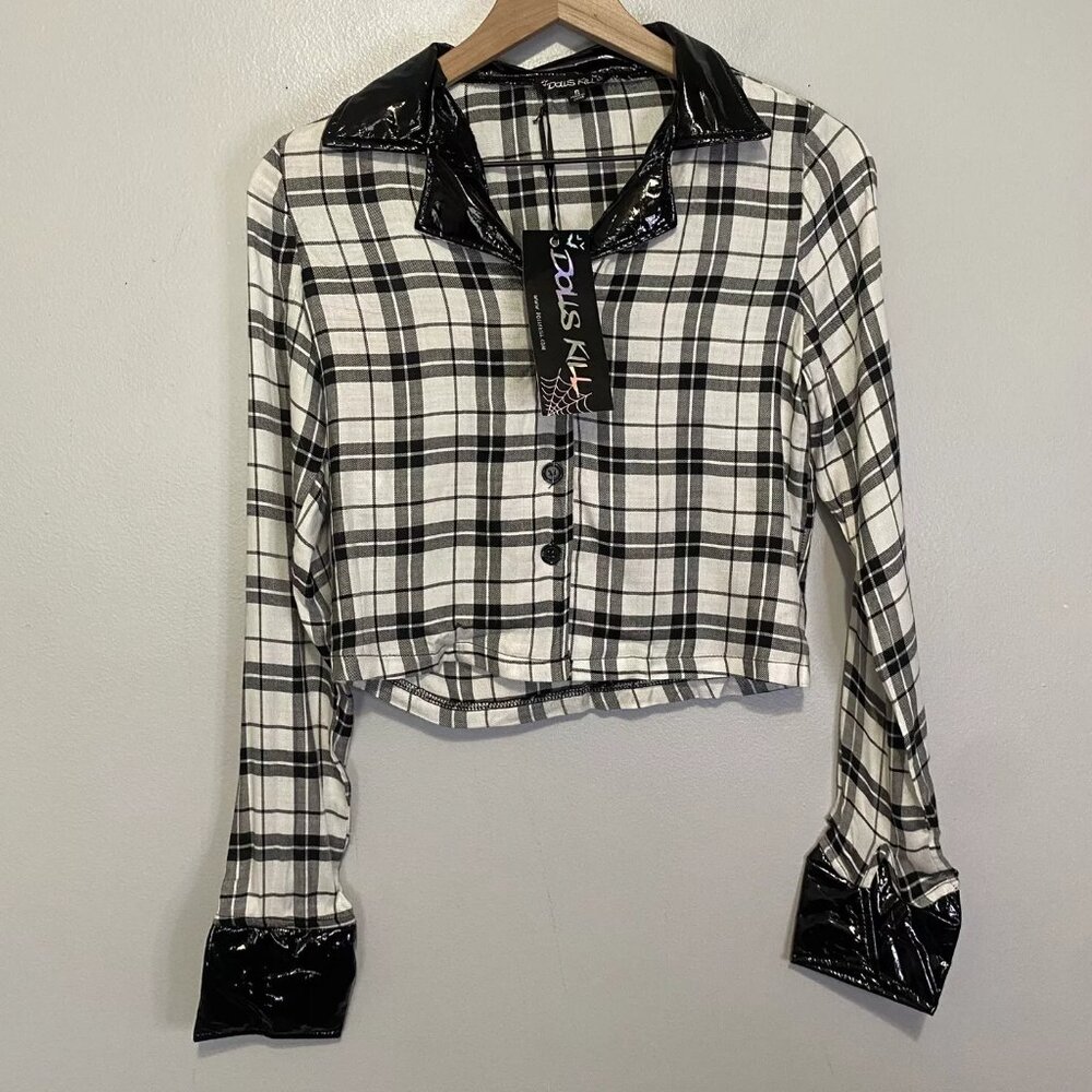 Dolls Kill Small Top Blouse Plaid Faux Leather Collar Gothic Grunge
